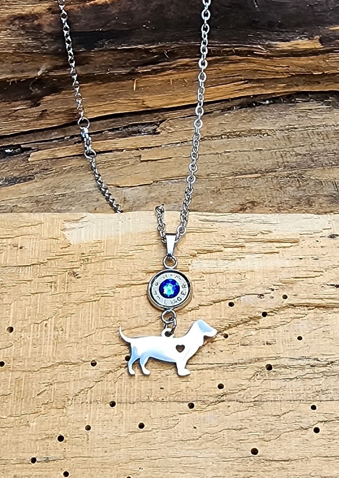 Stainless Steel Bullet Necklace with Dachshund Charms. Optional Crystal.