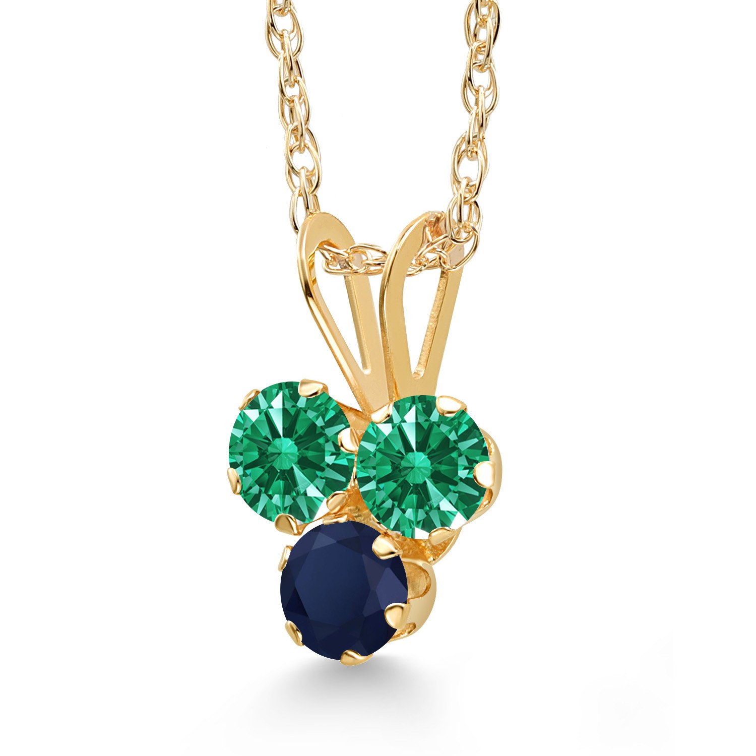 14K Yellow Gold Green Zirconia and Sapphire 3-Stone Pendant Necklace For Women
