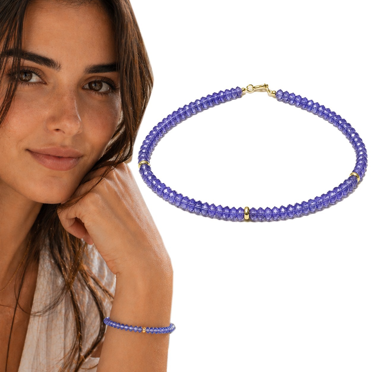 14K GOLD TANZANITE GEMSTONE 3 GOLD ROUNDEL STATION 7.5INCH BRACELET
