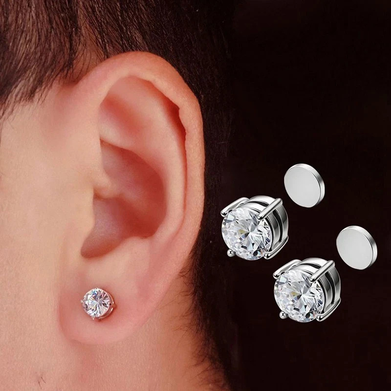 Magnetic Stud Earrings Non Piercing Clip On Stainless Steel CZ Round Square 6mm