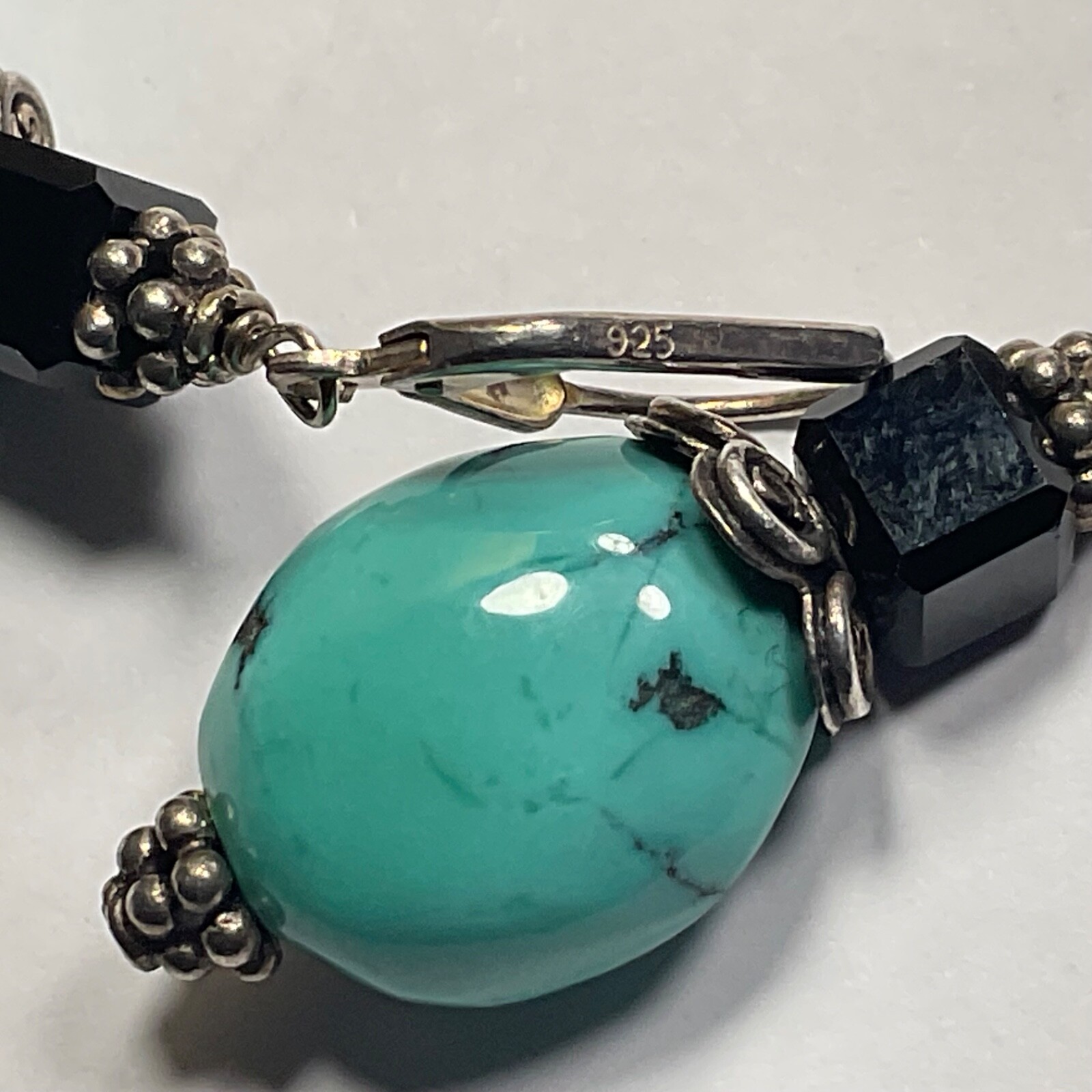 Vtg Genuine Turquoise Black Glass Beaded & Drop Pendant Necklace Earring Set 925