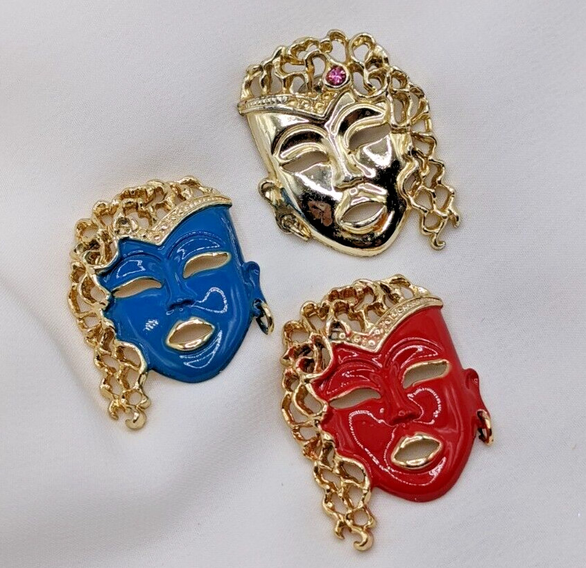 Vintage Pretty Lady Face Mask Brooch Pin Lot of 3 Red Blue Enamel Gold Tone