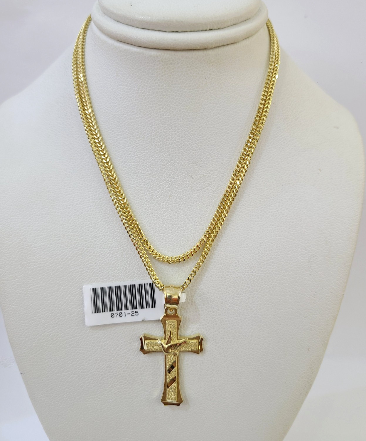 Real 10k Yellow Gold Franco Chain Jesus Cross Pendant Charm 2mm Necklace