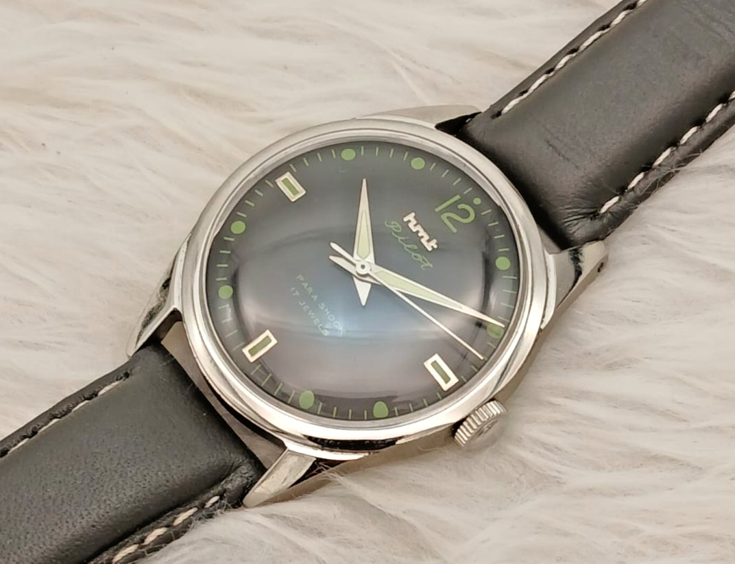 HMT Pilot Vintage Mechanical Watch Black Dial Green Lume 17 Jewels India