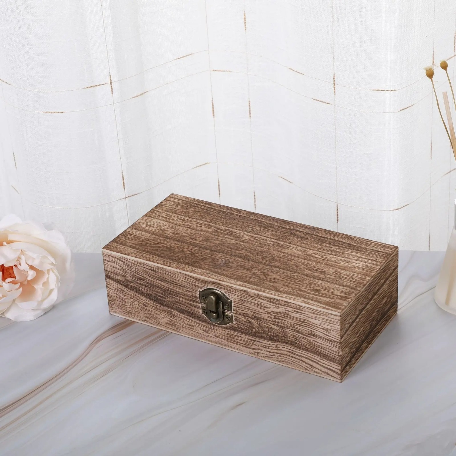 Vintage Wooden Storage Box Rectangular Clamshell Jewelry Keepsake Gift Organizer