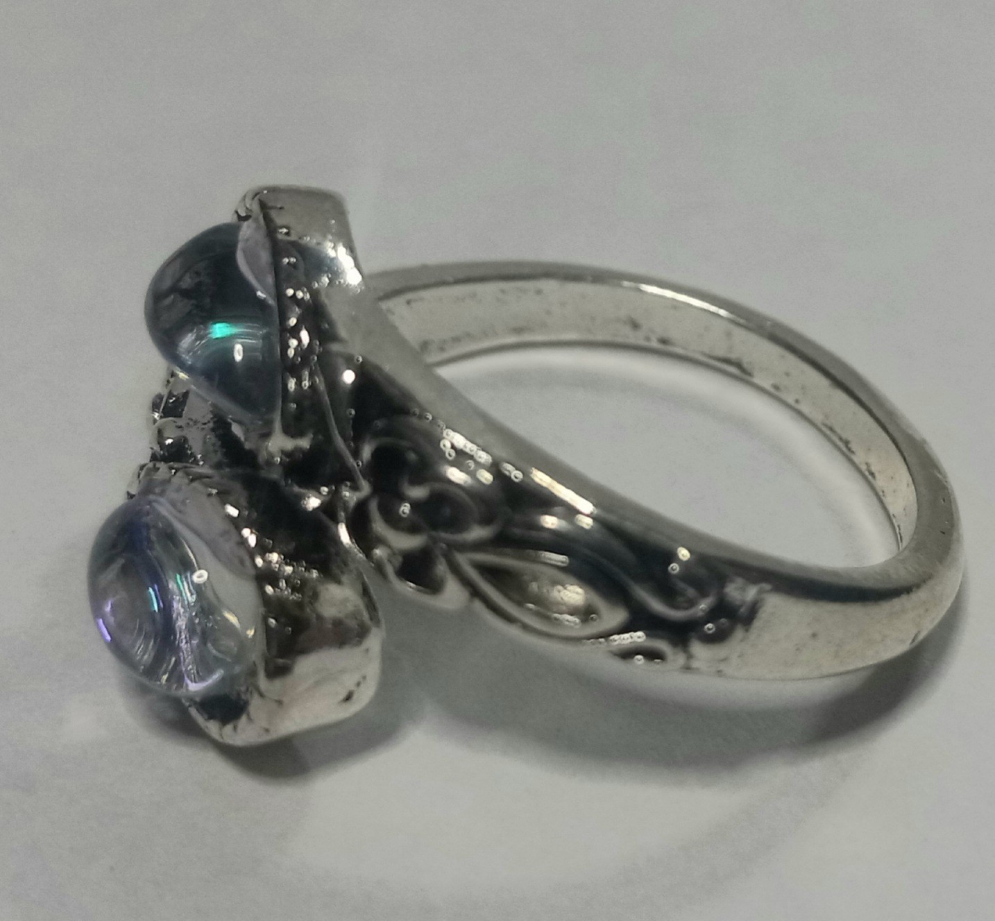 Classy Silver Tone Bypass Cocktail Ring Bezel 2 Blue Teardrop Opals Adjustable