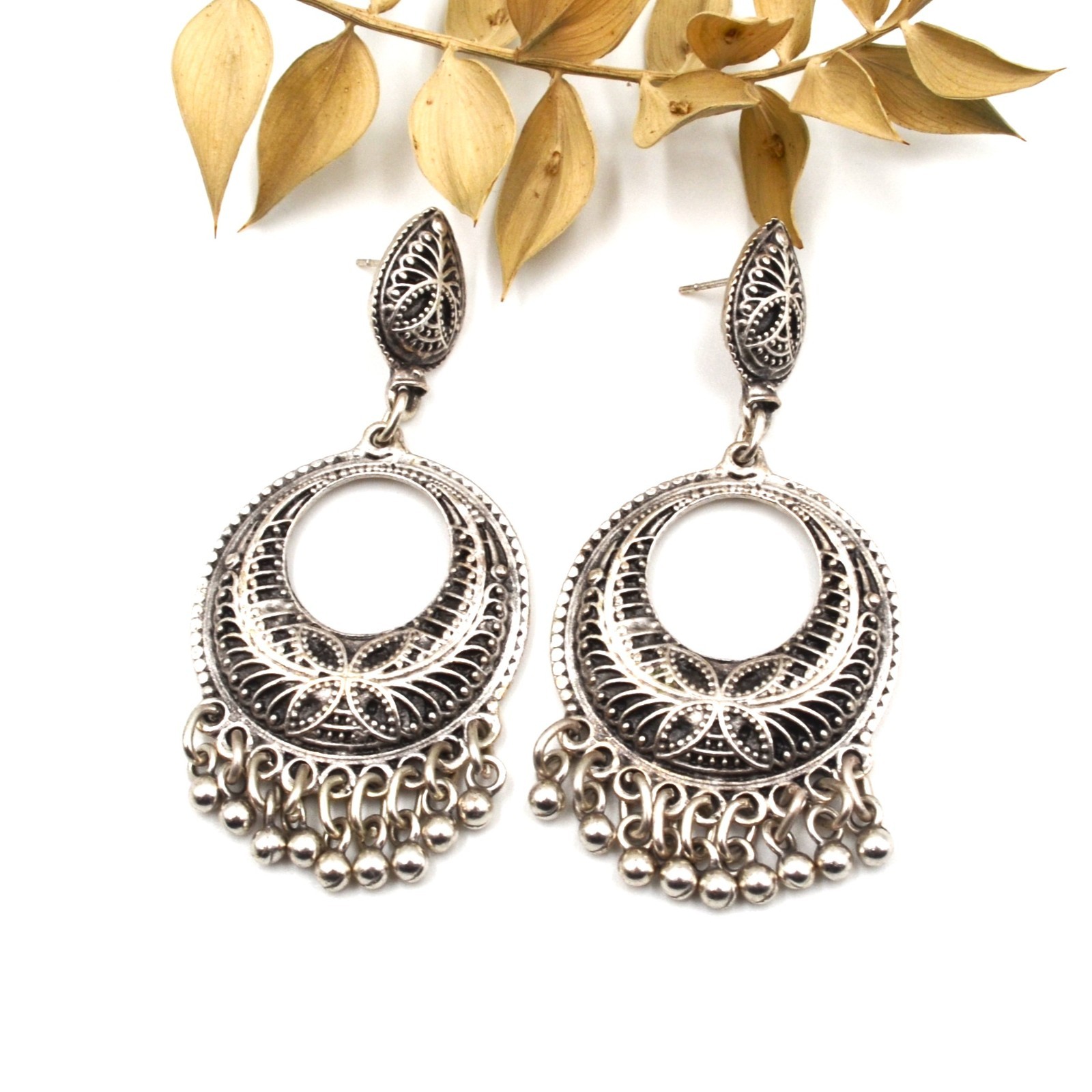 Boho Ethnic Antique Silver Crescent Chandelier Dangle Fringe Bohemian Earrings