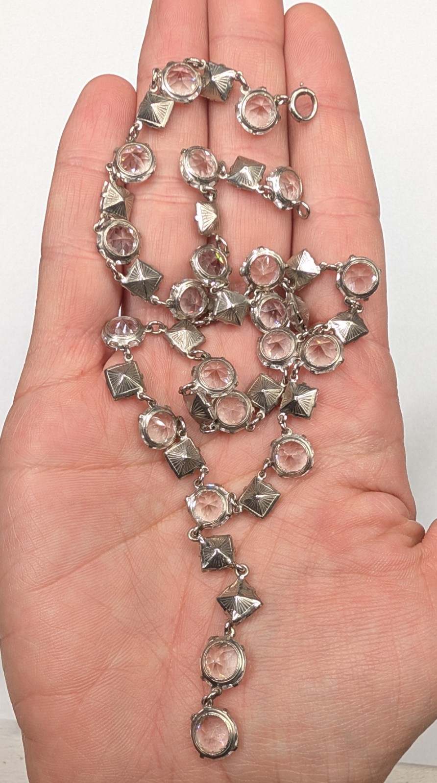 Vintage Y Drop Clear Glass Open & Closed Back Riviere Style Necklace 15″