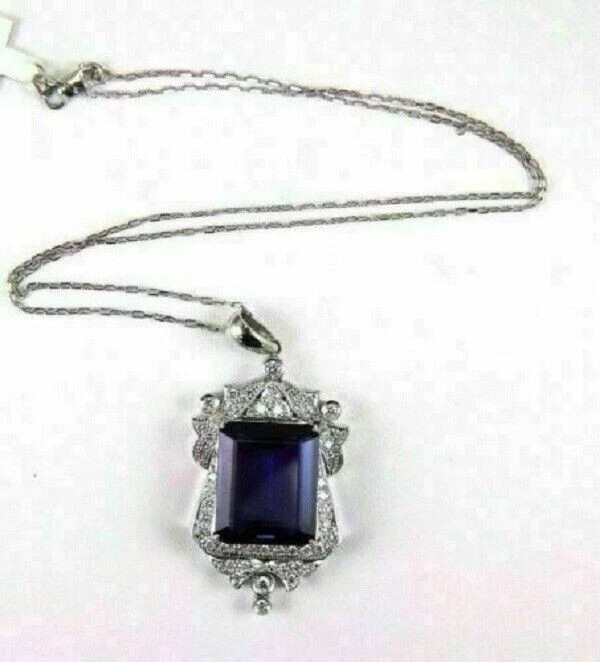 3Ct Emerald Cut Blue Sapphire Halo Pendant 14K White Gold Finish Free 18″ Chain