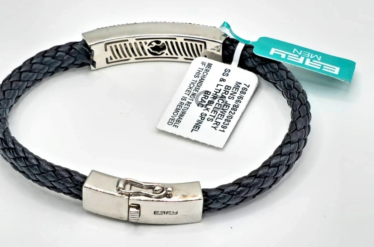 EFFY Mens Braided Black Leather Bracelet 925 Silver Black Spinel Steel Clasp
