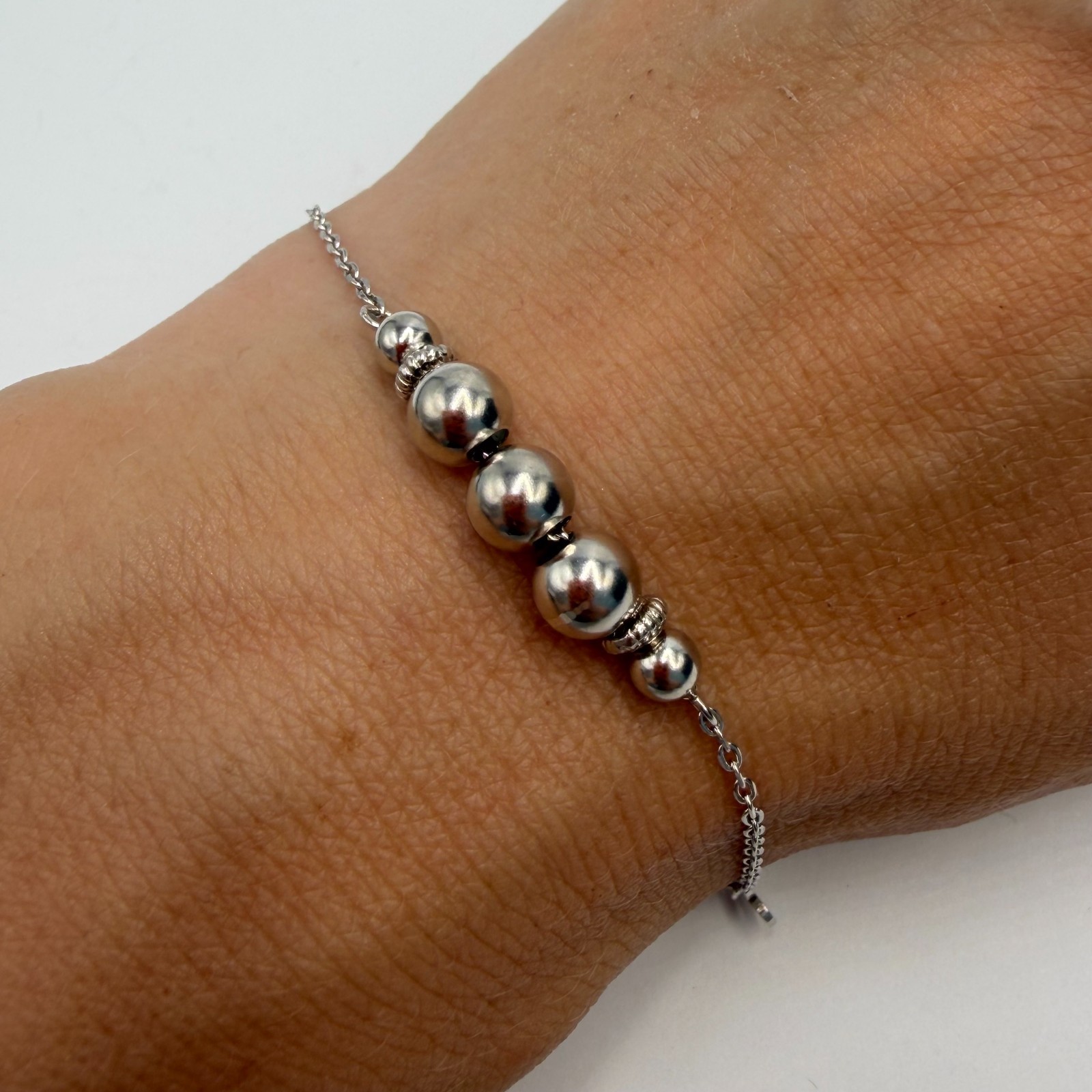 Sterling Silver Graduated Bead Heart Bracelet Adjustable Chain Link Women Gift