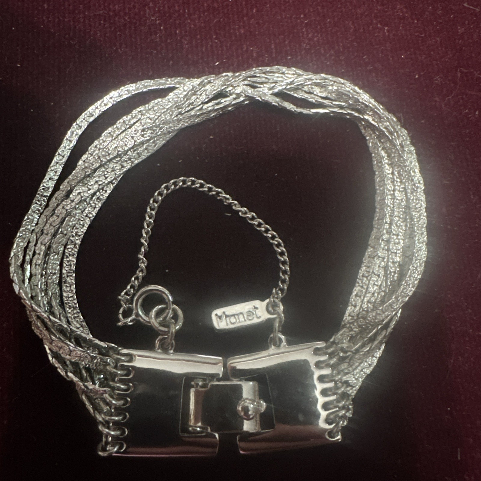 Vintage Monet Multi Strand Silver Tone Chain Bracelet with Safety Chain New