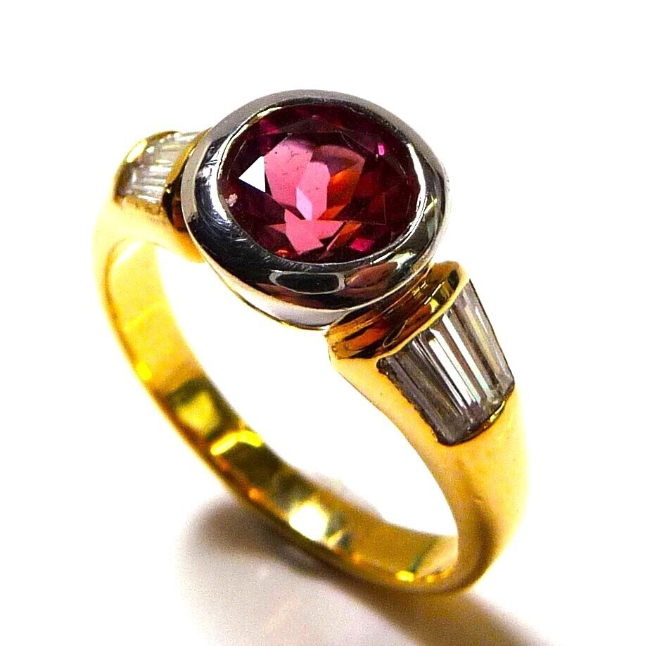 Ring 750 yellow gold 1.28ct pink tourmaline 0.60ct diamonds size 55/17.5 mm rubellite