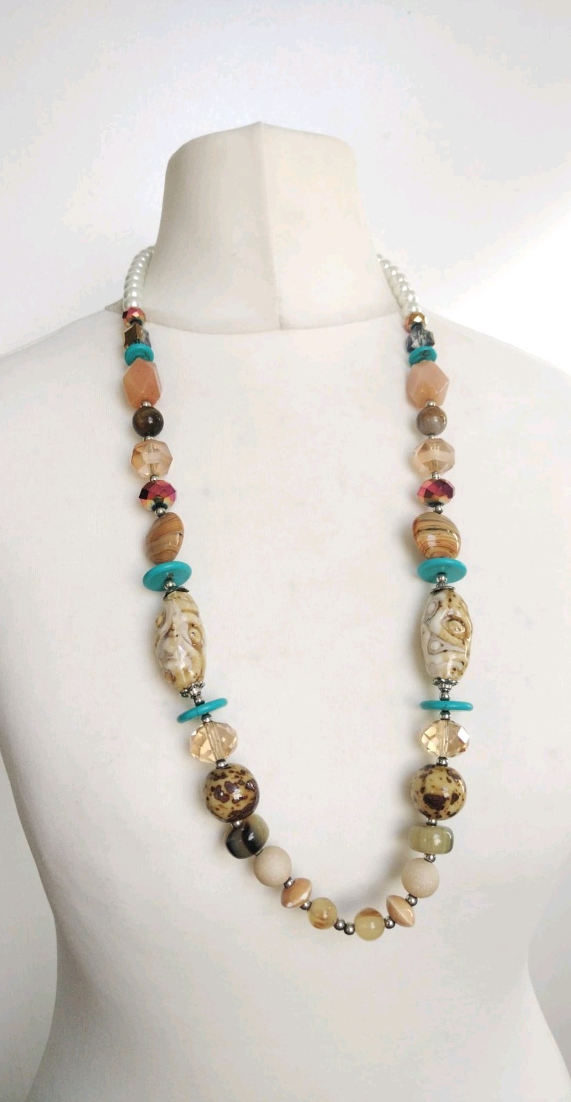 Long Blue Brown White Faux Pearl, Porcelain, Stone, Glass Mixed Beads Necklace