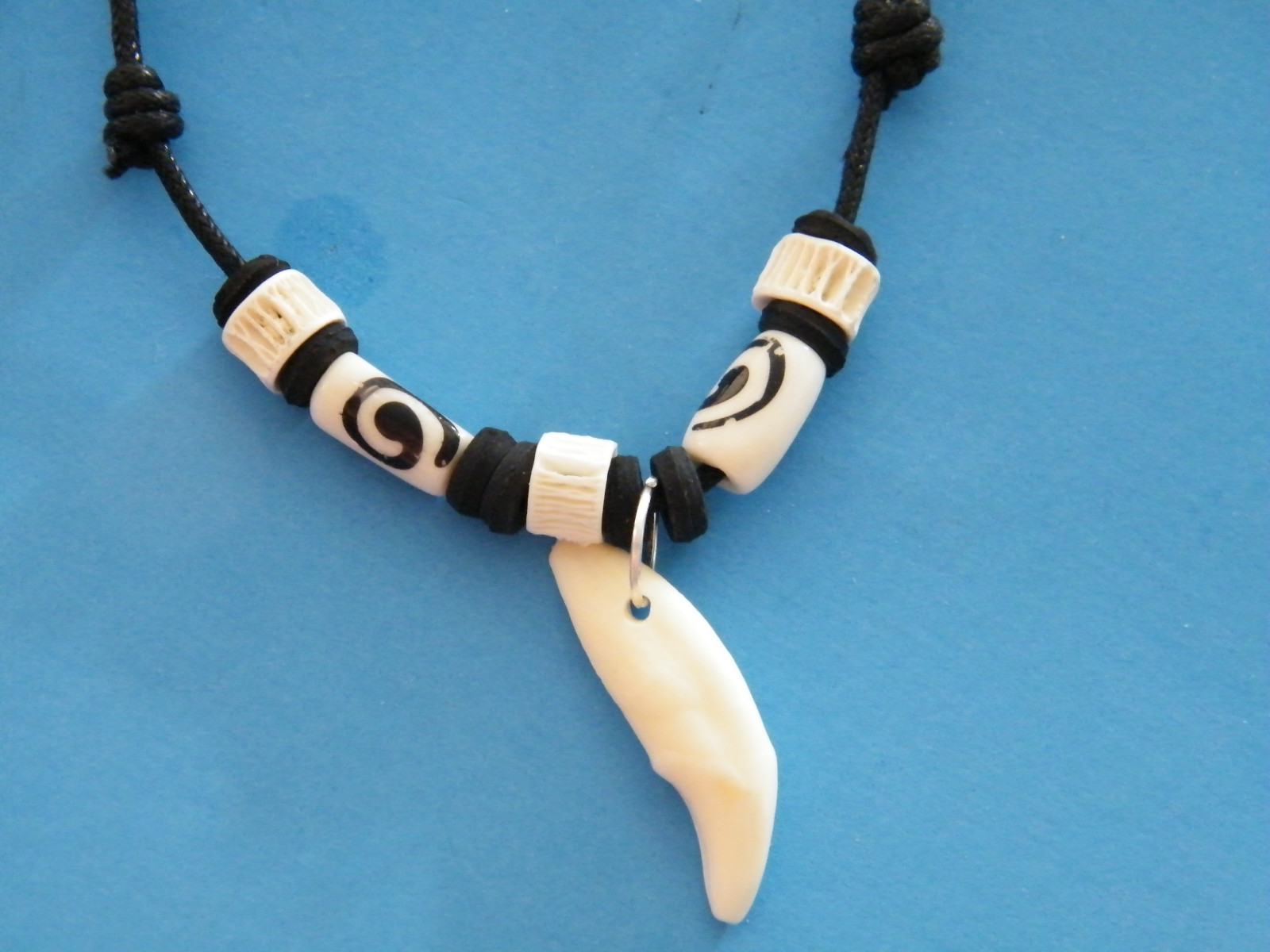White Coyote Tooth Necklace REAL Teeth Black White Beads 16″-28″ Black Cord NEW!