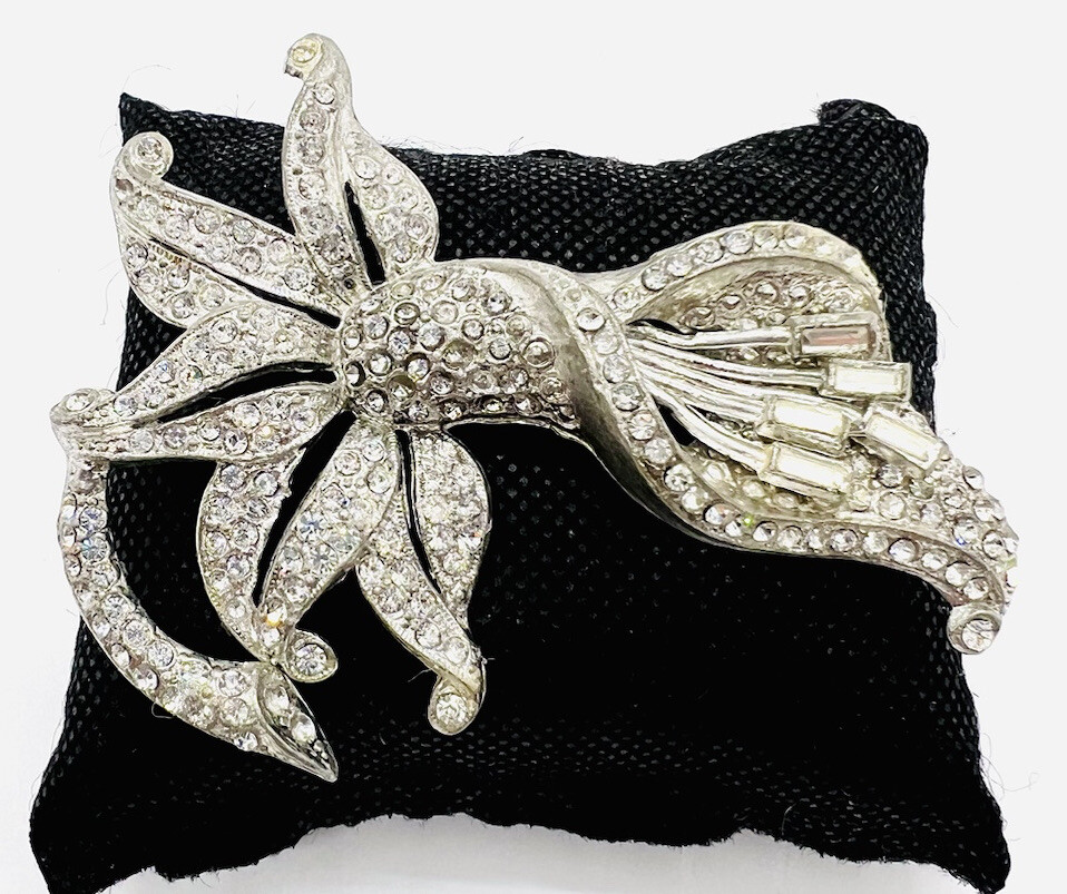 Large CORO? Art Deco Pave Rhinestone Flower Brooch 3 1/4 in. Vintage Jewelry