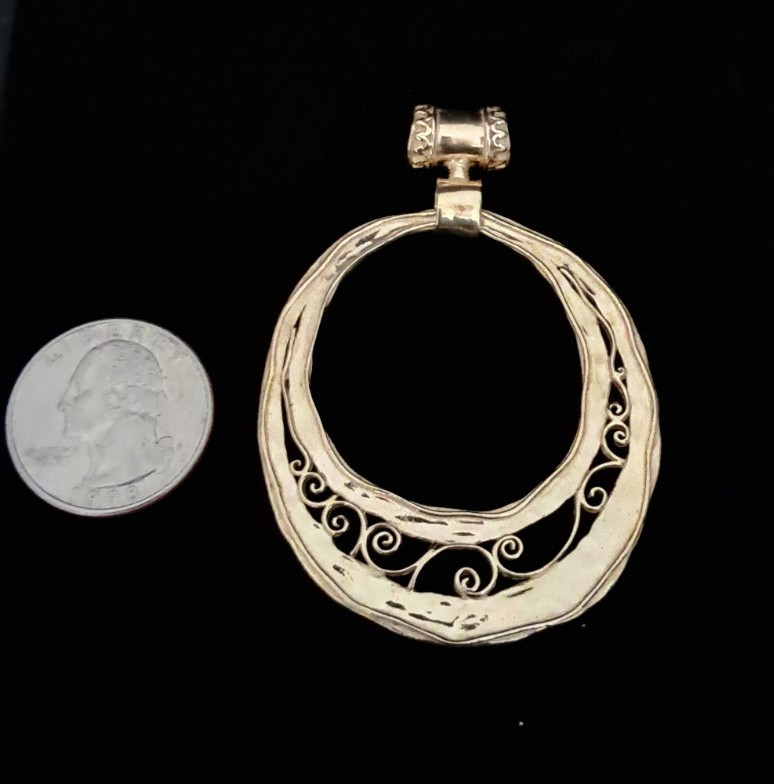 LIRM Sterling Silver Gold Plated Vintage Israel Large Circle Scroll Pendant 11G