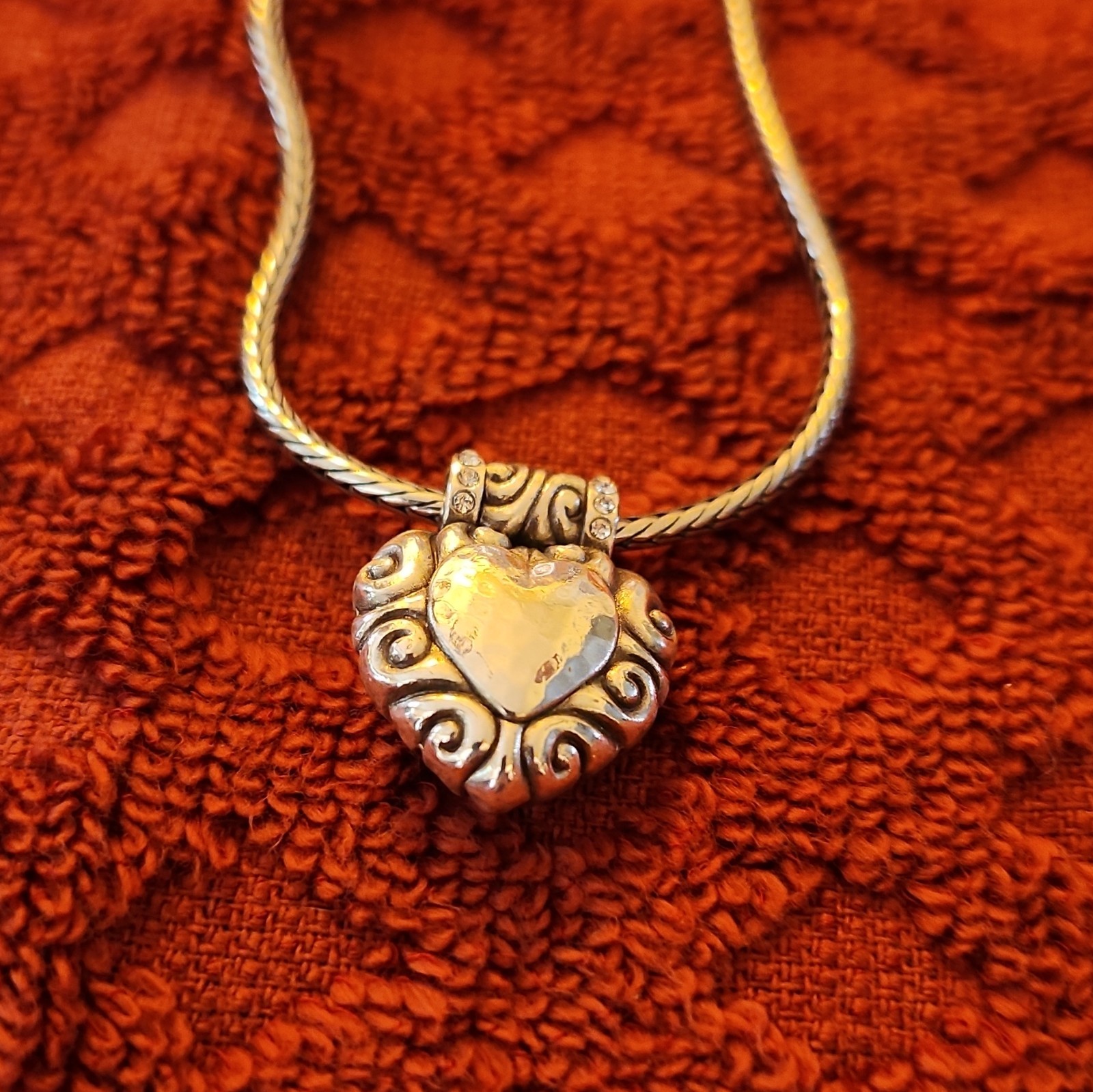0054 Brighton Silver Tone Heart Crystal Pendant Snake Chain Necklace Signed