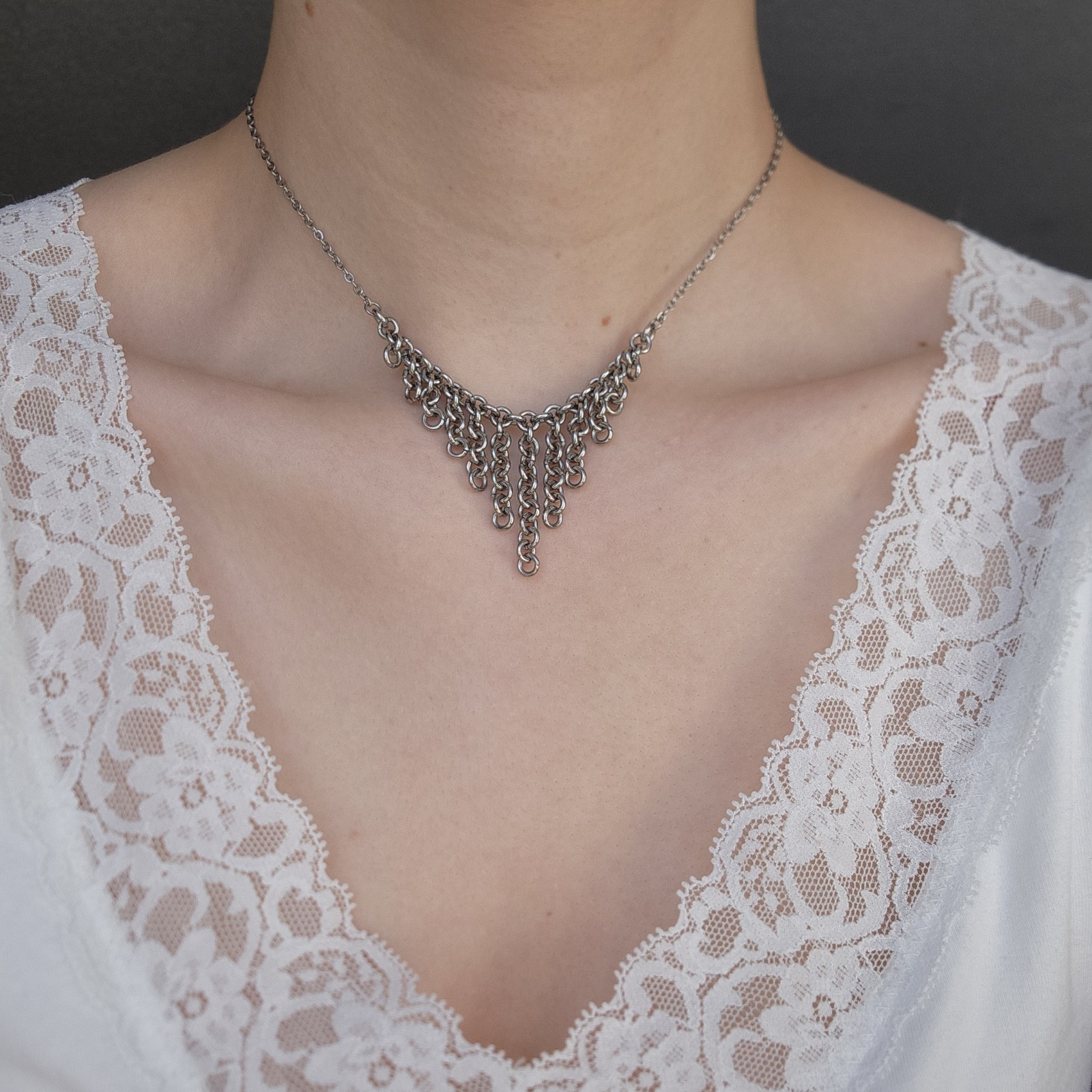 Vintage Medieval style V shape silver chainmail necklace made of stainless steel