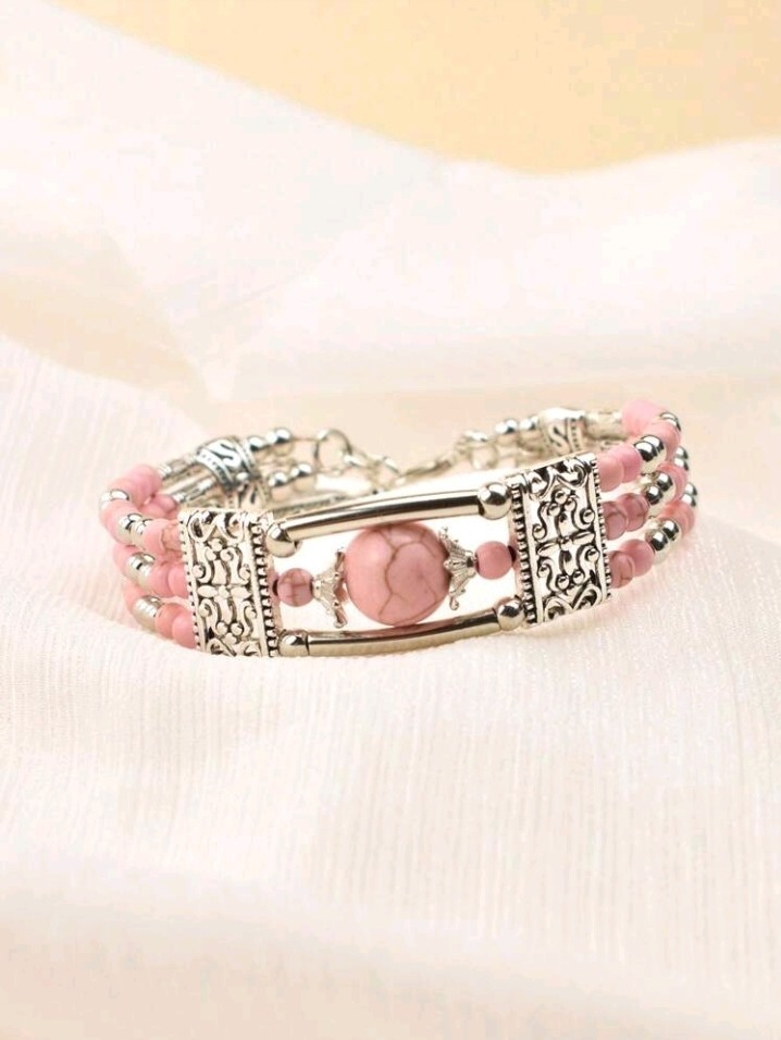 Silver-Plated Zinc Bangle Bracelet With Pink Turquoise Beads