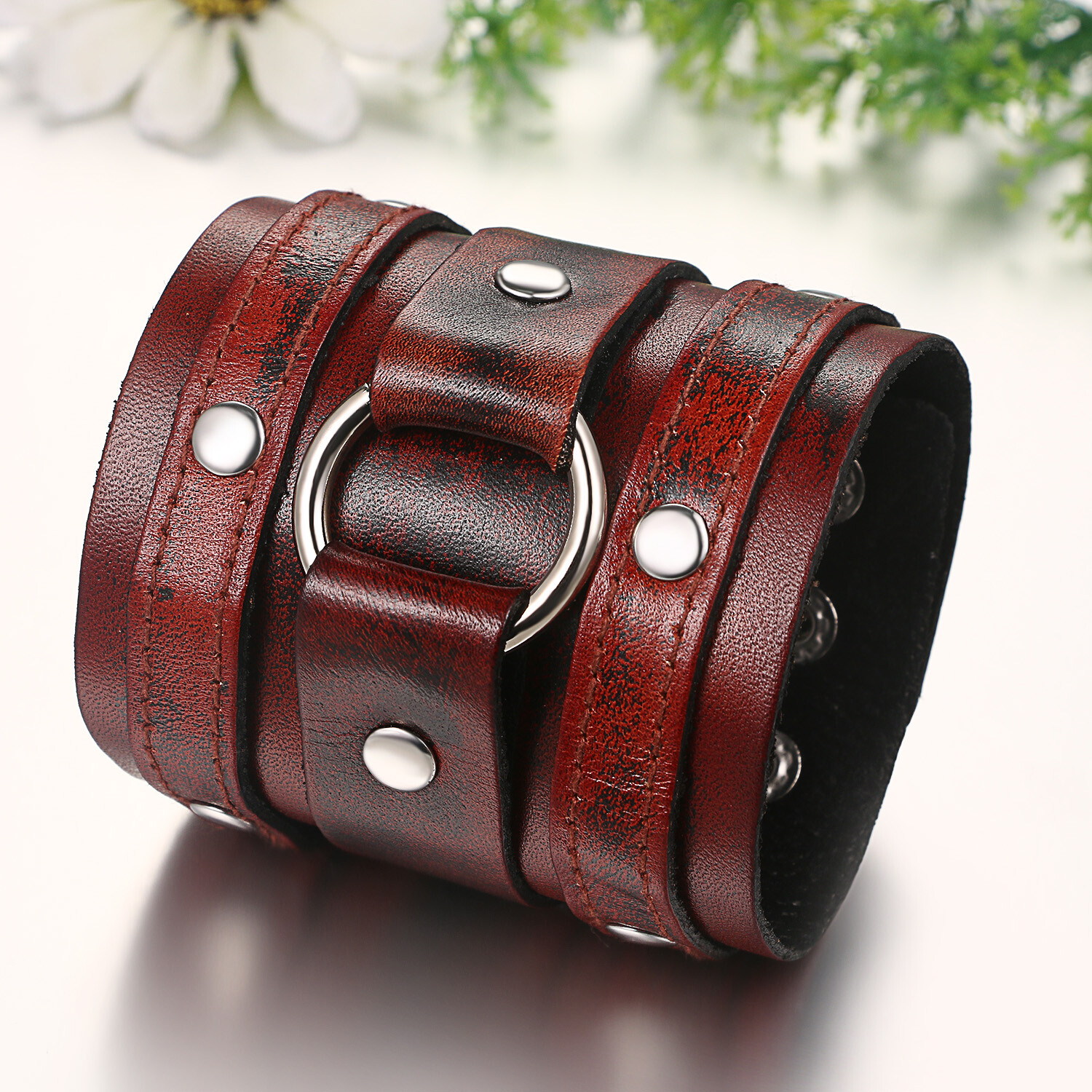 Men’s Punk Rocker Biker Gothic Heavy Wide Leather Straps Wristband Cuff Bracelet