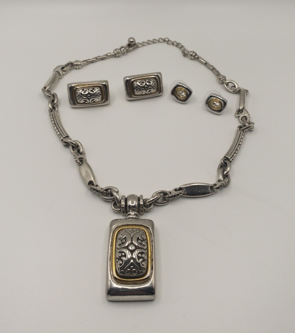 Silver Tone Gold Accent Necklace Pendant & Earrings Set Scroll Design Statement