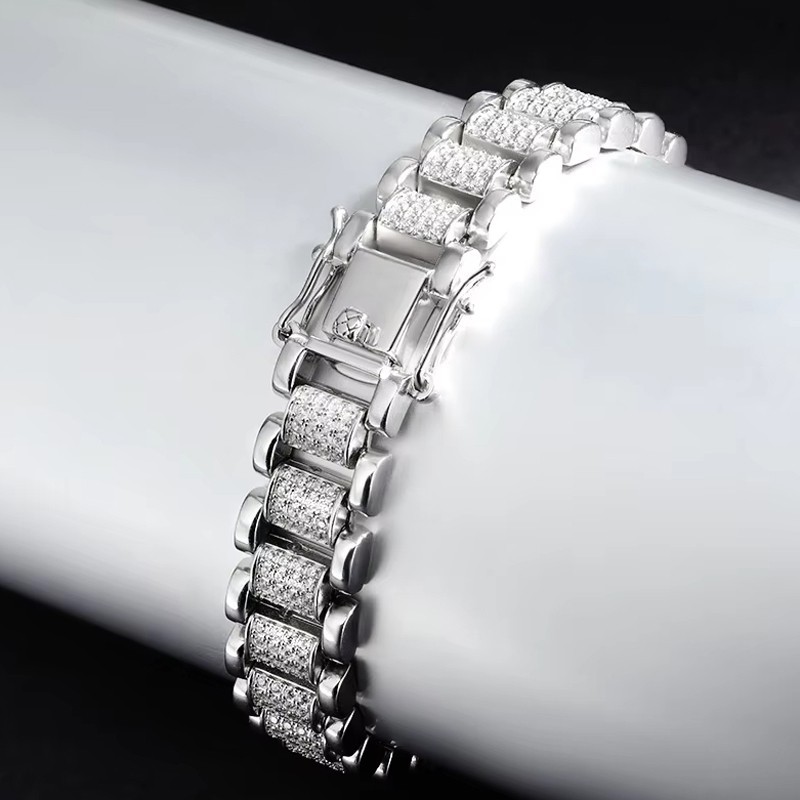 Full Round Moissanite Cuban Bracelet 925 Sterling Silver Men Chain Hip Hop