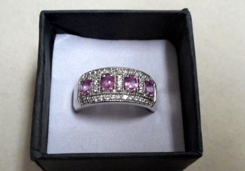 14K White Gold Pink Sapphire and Diamond Pave Band Ring Size 9 6.40 Grams-Vntg