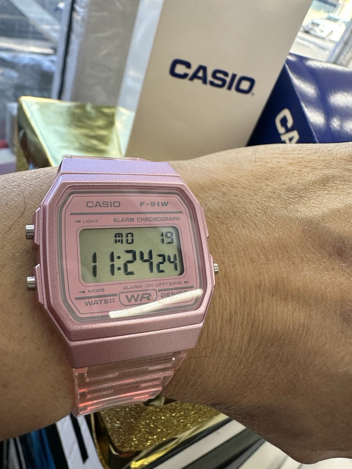 Casio F91WS-4, Digital Chronograph Watch, Pink Jelly Resin Band, Alarm, Date,