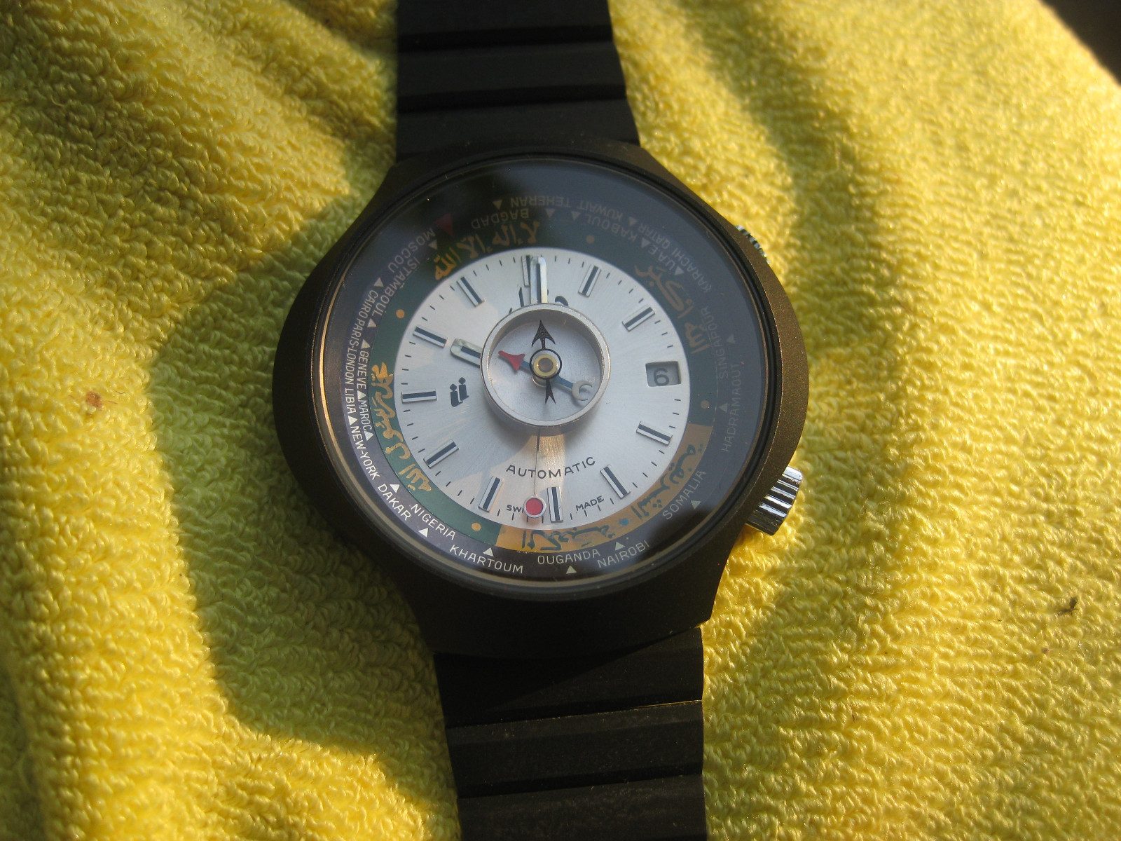 Vintage Dalil Worldtime Automatic Moslem Watch Special Shape Black NOS Jumbo