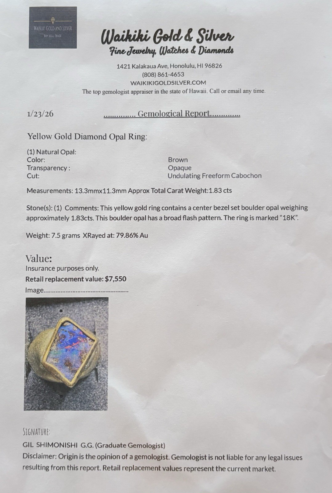 GG Certified 19K Yellow Gold 1.83ct Broad Flash Boulder Opal Size 9.25 Ring 7.5g