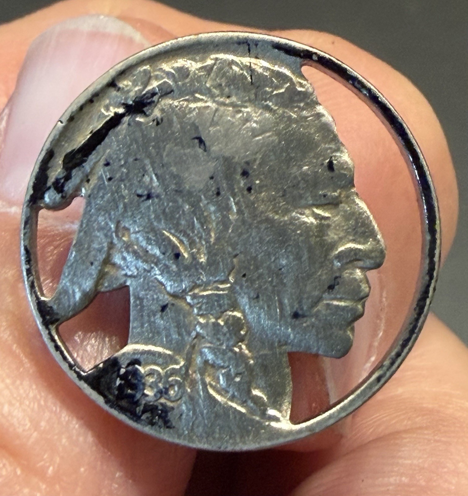 Vintage 1936 Buffalo Indian Head Nickel Men’s Tie Tack Pin Silver Tone Coin