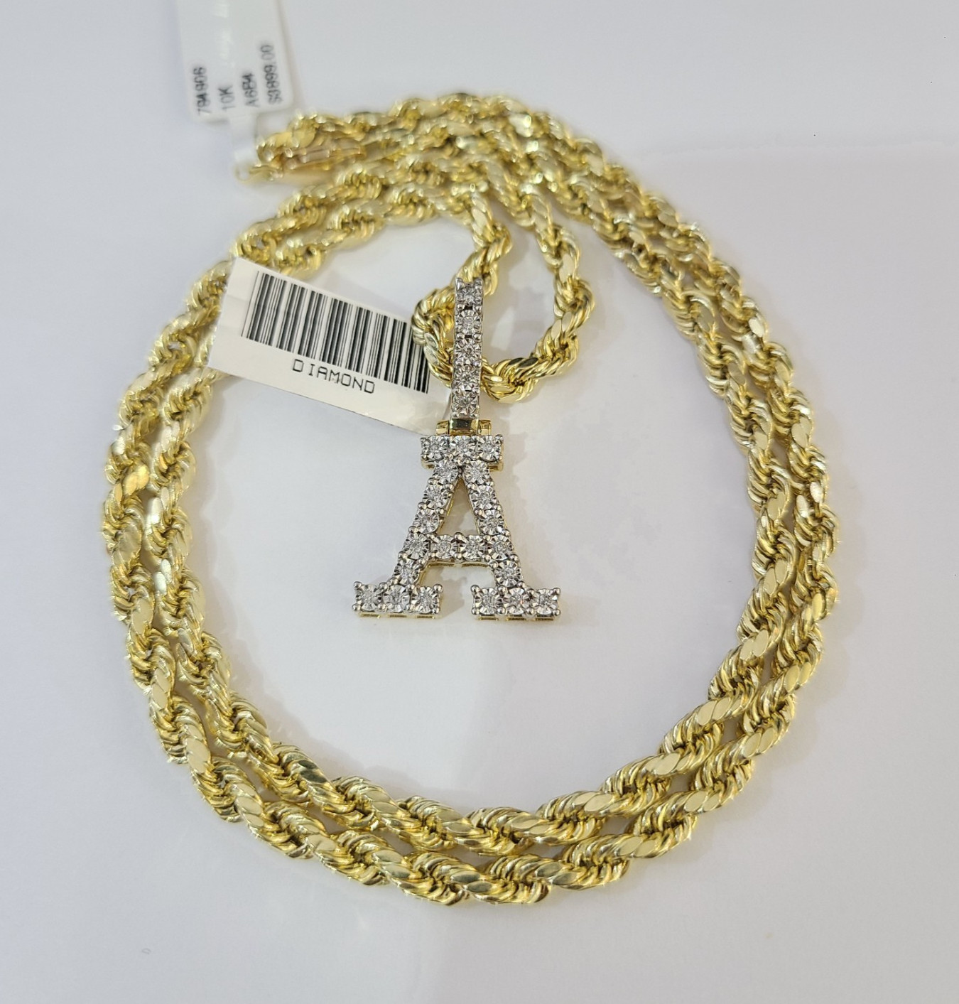 10k Rope Chain A Diamond Initial Charm Necklace Pendant Set 4mm 20″-30″ Gold