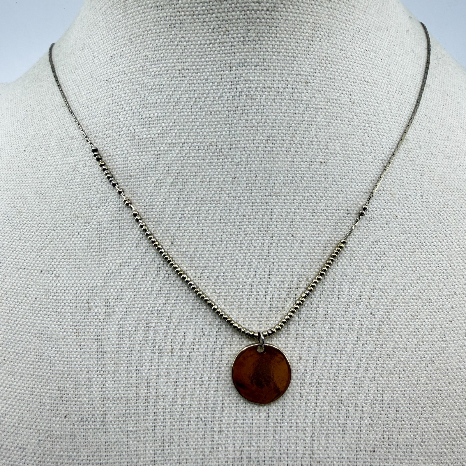 Silver Tone Disc Pendant Necklace Dainty Beaded Chain Minimalist Layering Chic