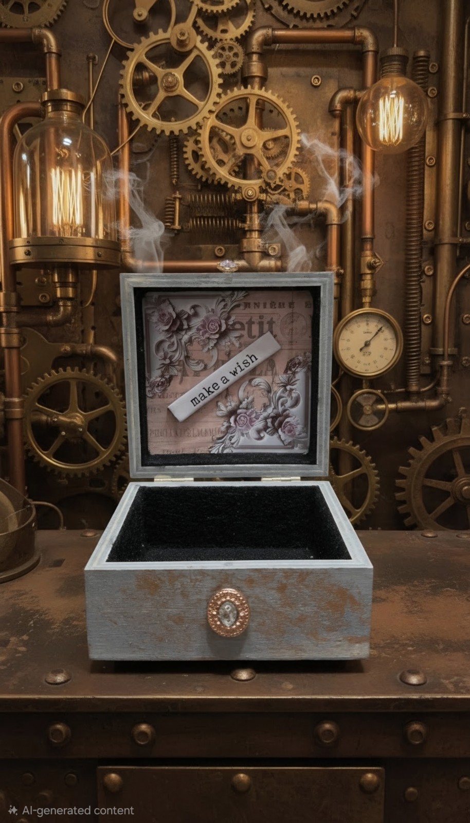 Handcrafted Steampunk Square Wood Jewelry Box, Gray Velvet Lined Jewelry Storage