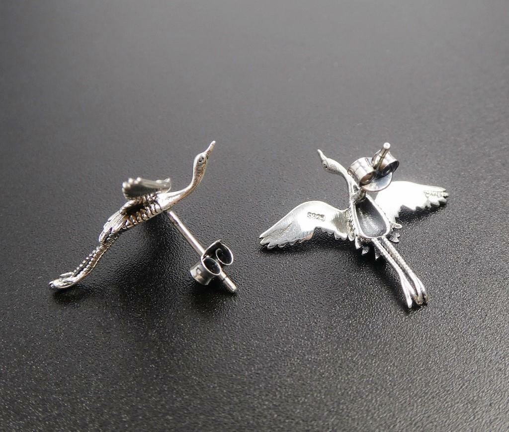 Unique Sterling Silver Flying Egret Stork Bird Stud Post Earrings Fine Details