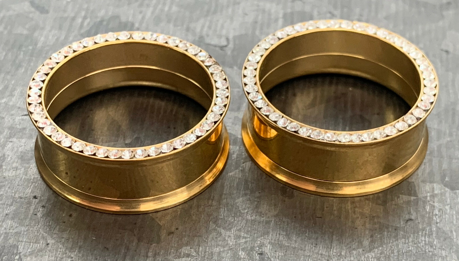 PAIR Gem Rim Gold Double Flare Tunnels Internally Threaded Plugs Earlets Gauges