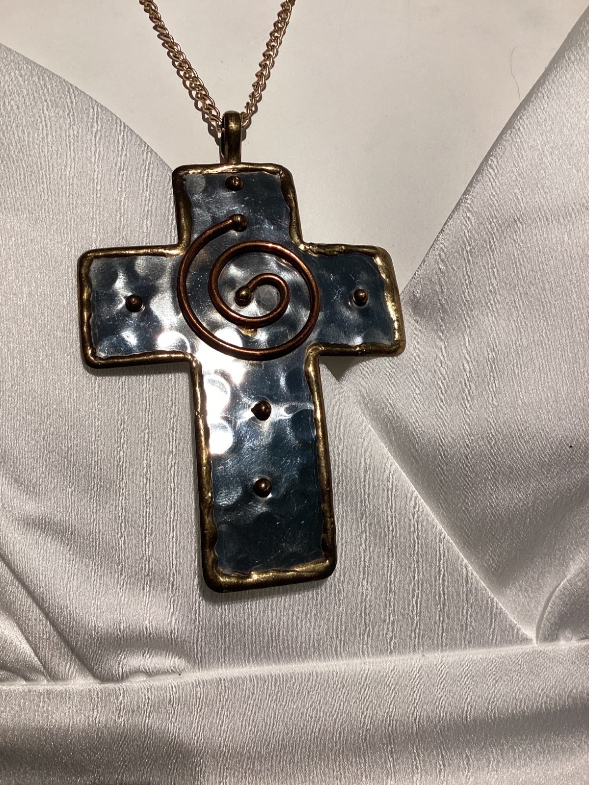 Artisan Style Hammered Mixed Metal Cross Necklace Cuff Bracelet Earrings Set