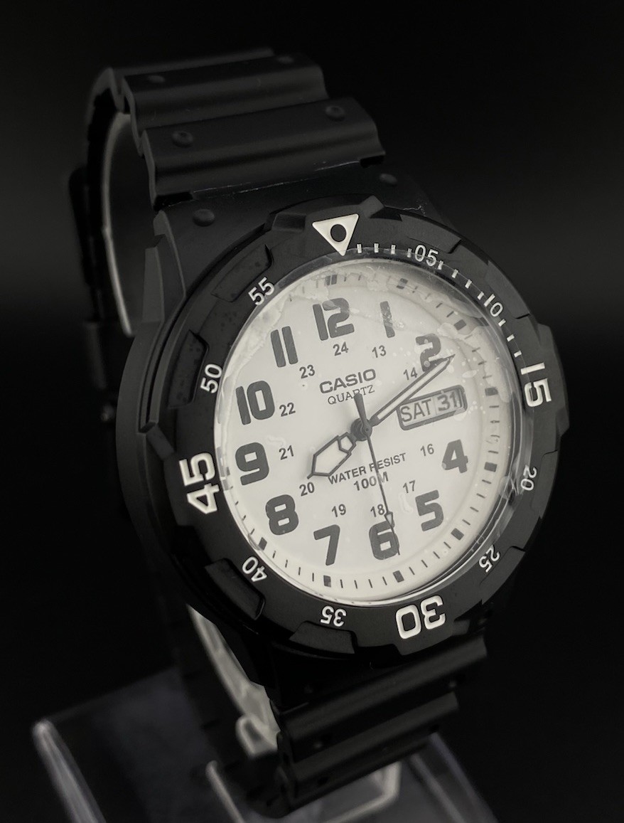 Casio White Round Day Date Dial Black Band Sport Diver Style Men’s Watch