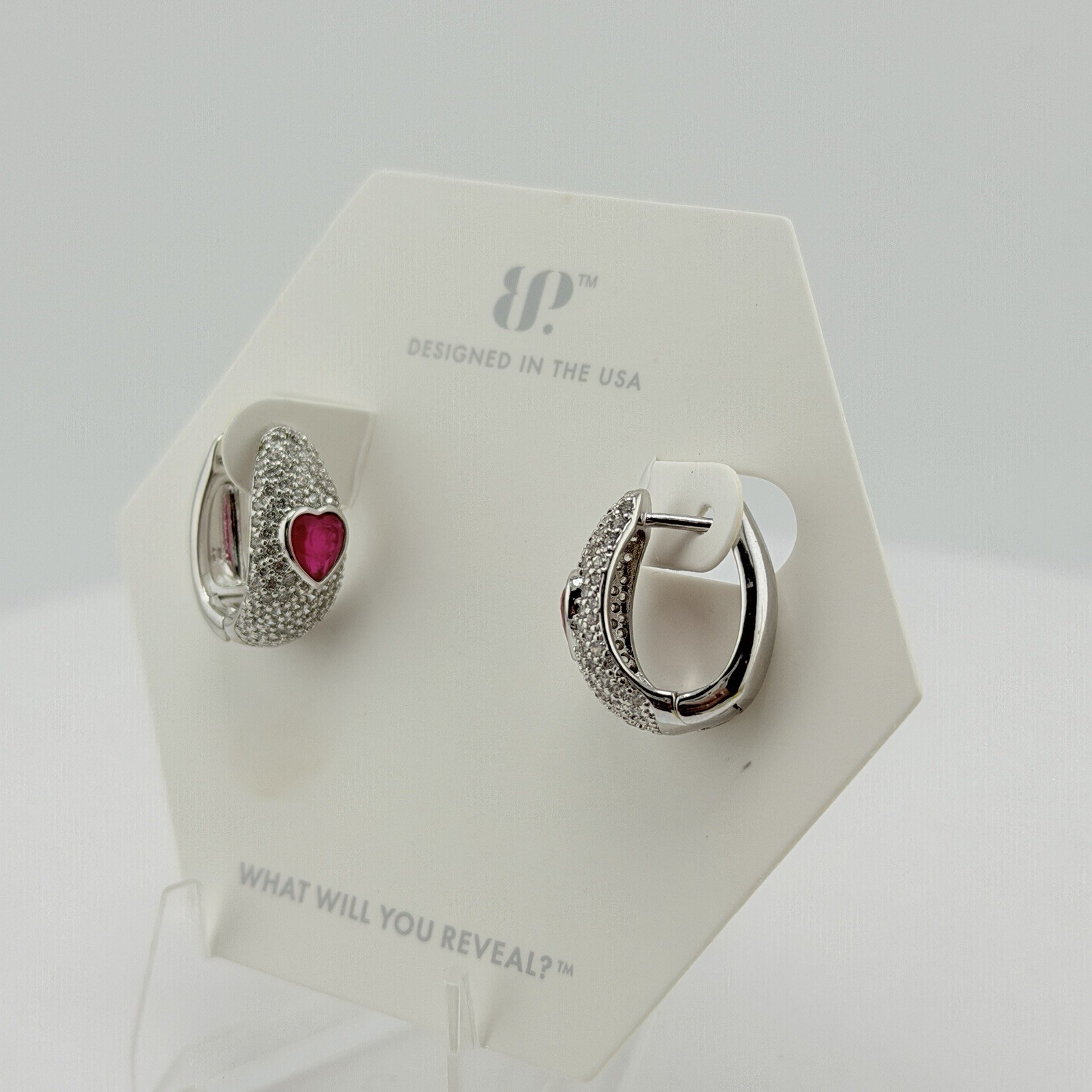 Bomb Party Pave Hoop Earrings “Ohh La Luxe” Pink Sapphire on Rhodium HEART