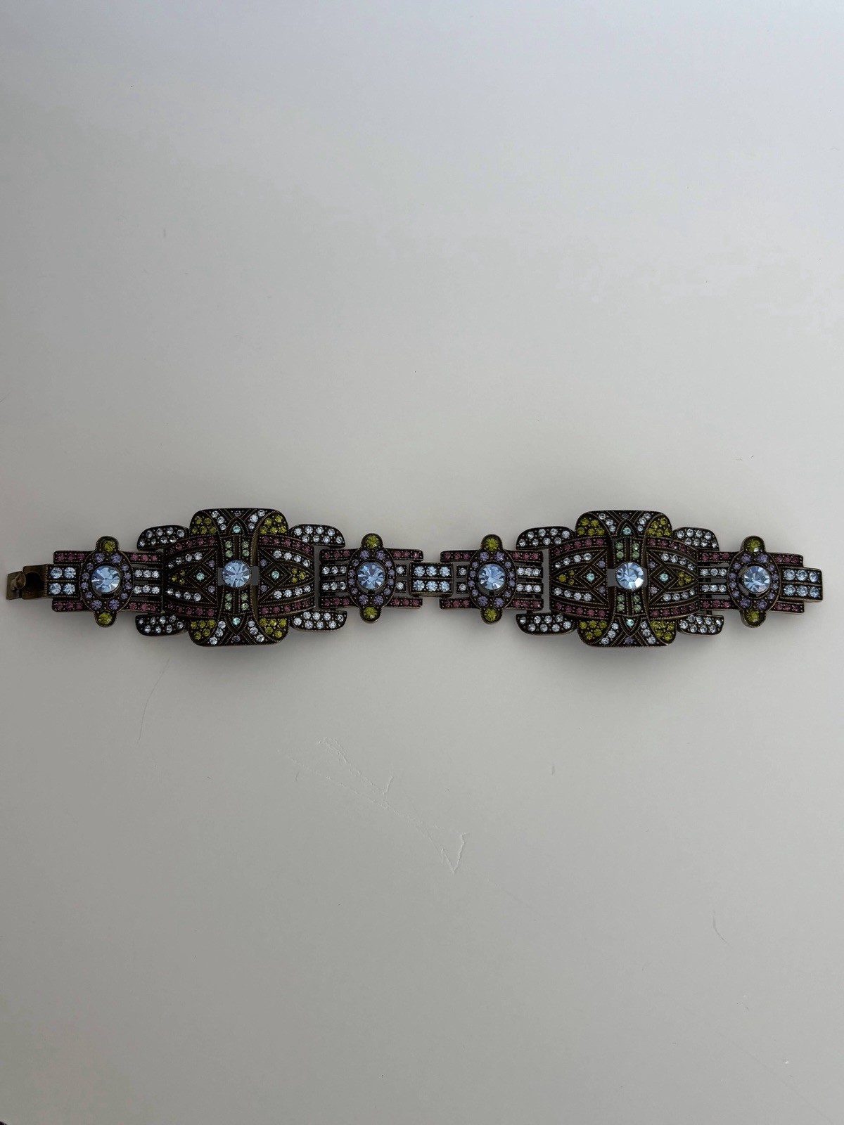 Heidi Daus Signed Art Deco Crystal Rhinestone Bracelet Bronze Tone 7.5″