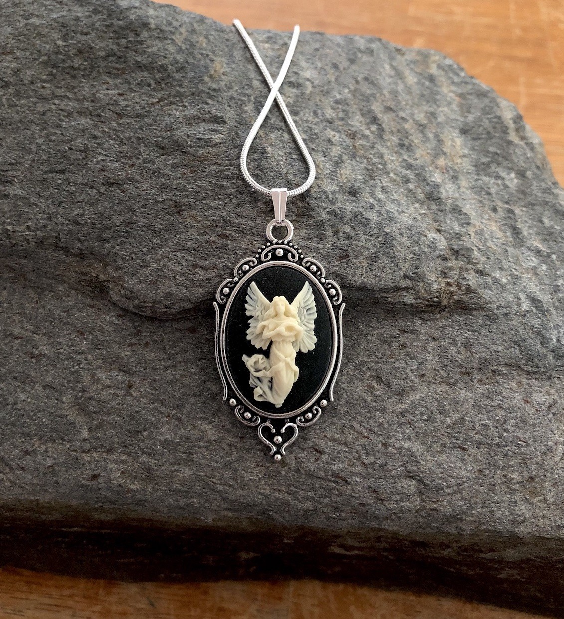 Vintage Guardian Angel Cameo Necklace, Ivory & Black, Sterling Silver Chain