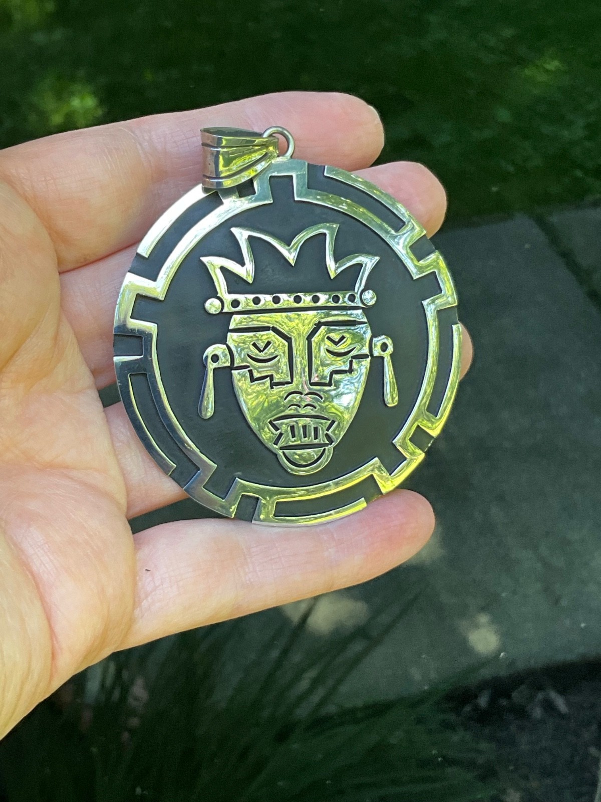 Huge Vintage Sterling Silver Aztec Mask Pendant Mexico 22.4g Handcrafted Tribal