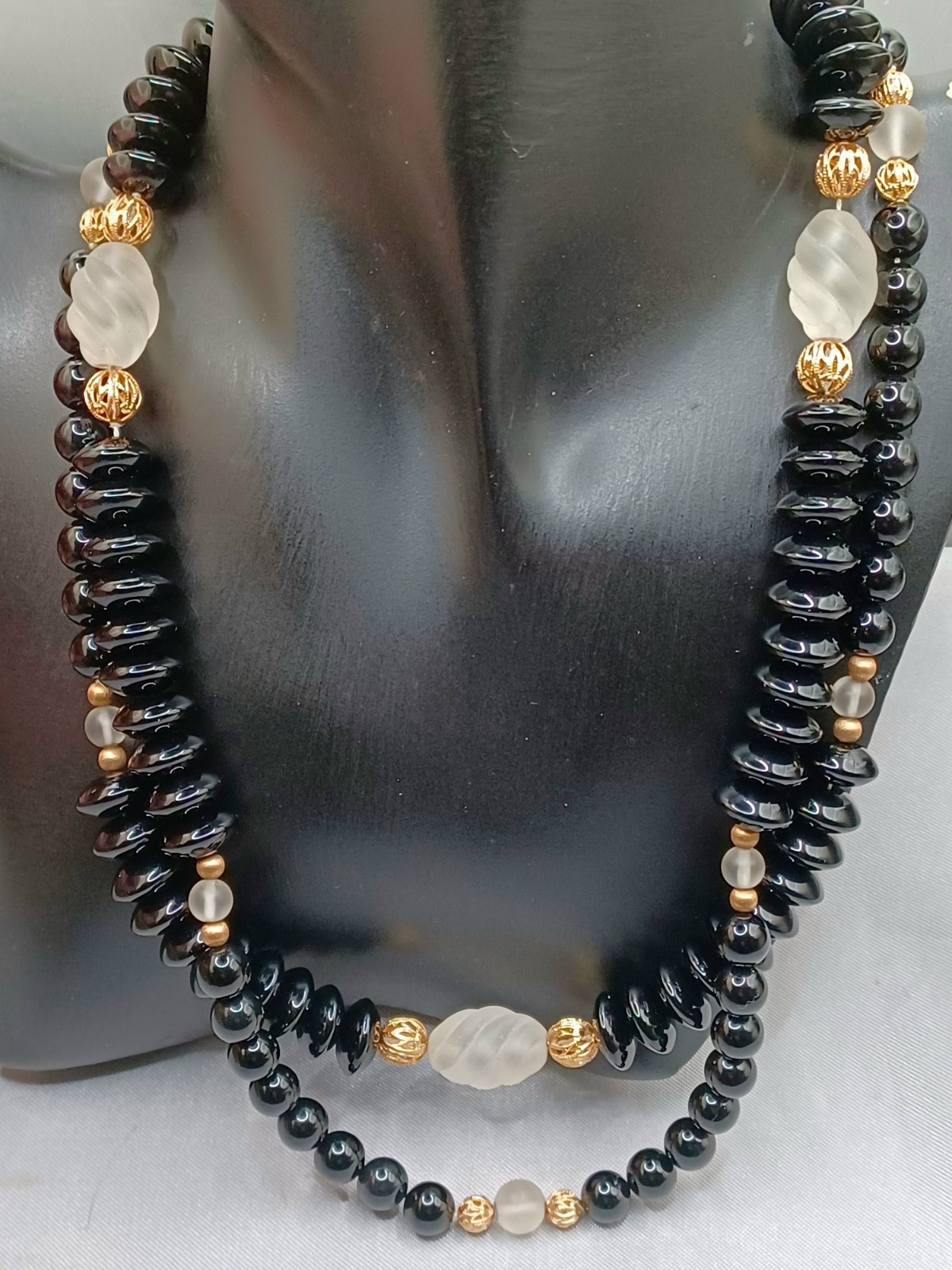 Black Glass Beaded Necklace Gold Tone Filigree & Frosted Glass Accents 38.5″