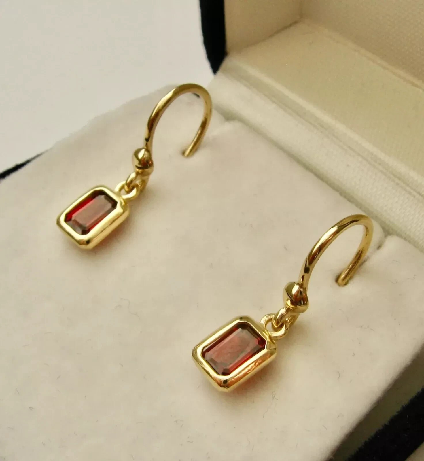 14K Yellow Gold Plated Drop-Dangle Earring 2Ct Emerald Cut Simulated Red Garnet