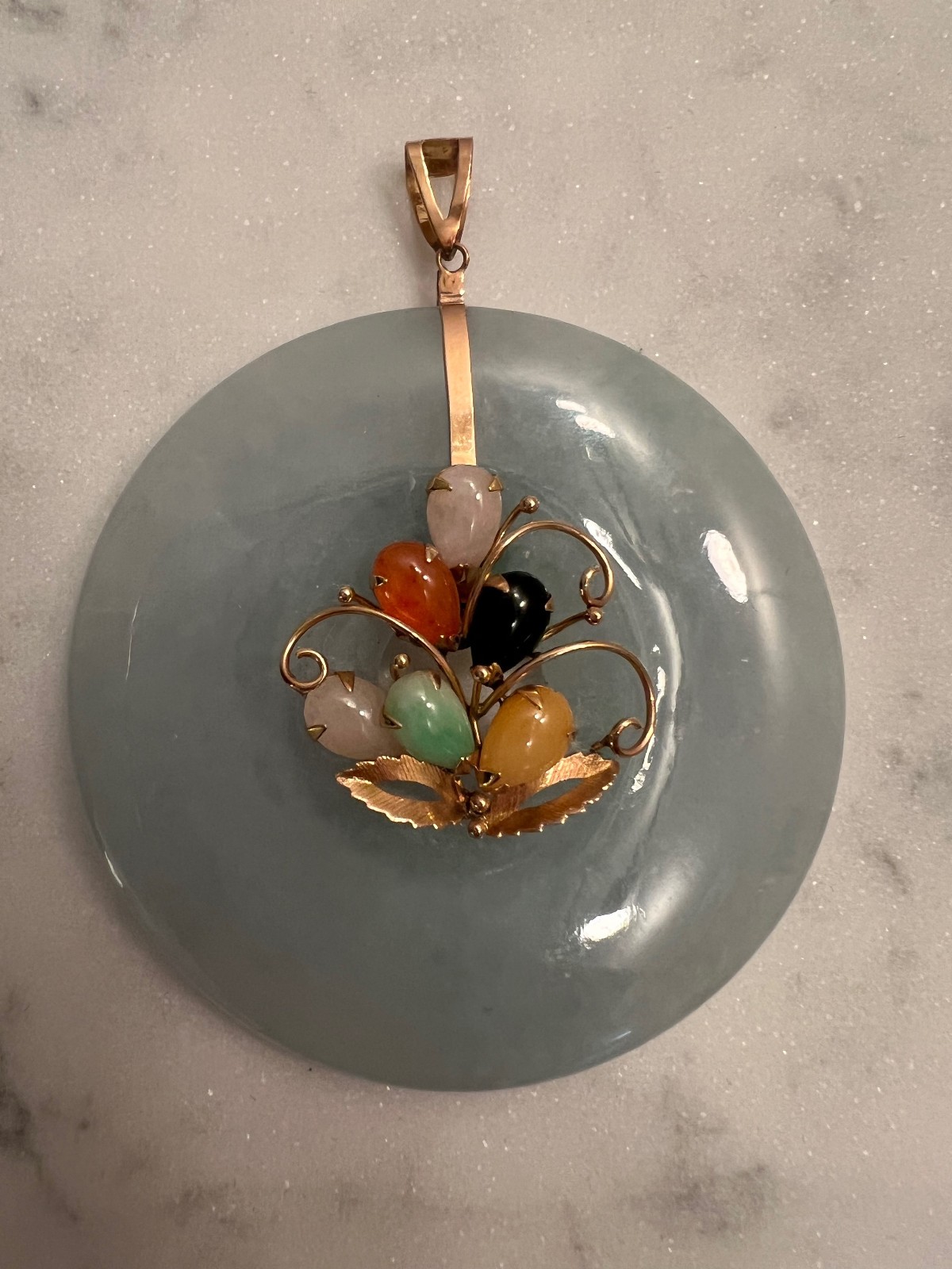 Large Pale Blue-Green Jade Bi-disc Pendant & Multicolor Cabochons and 14K Gold