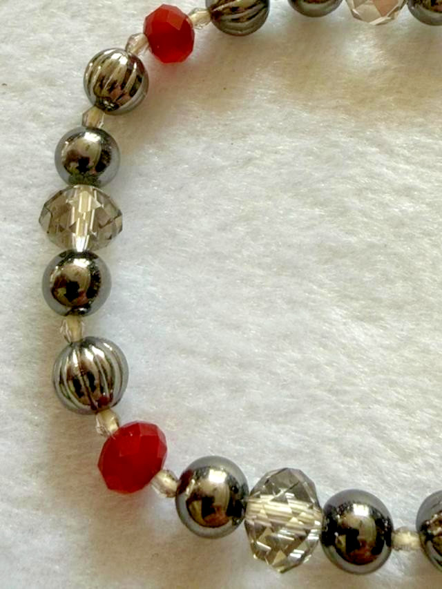 Handmade Red Crystal Gunmetal Beaded Stretch Bracelet Silver Tone