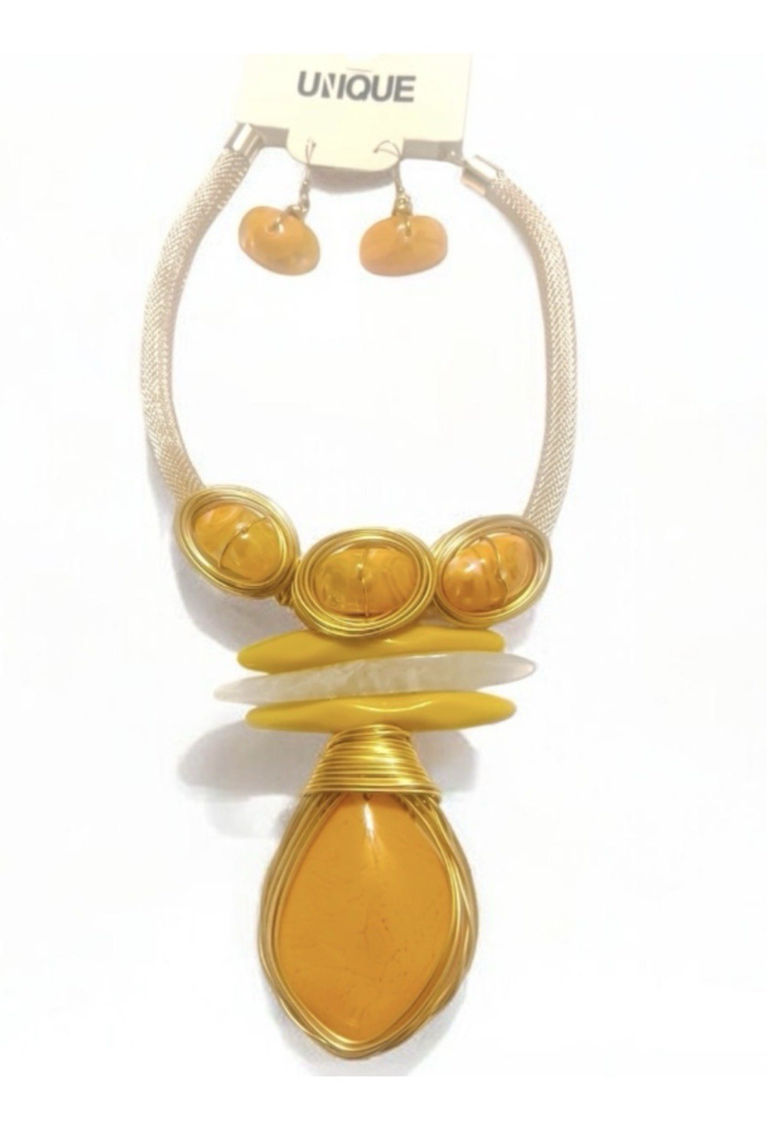 Mustard Yellow Teardrop Pendant Handmade Yellow Resin Necklace and earrings