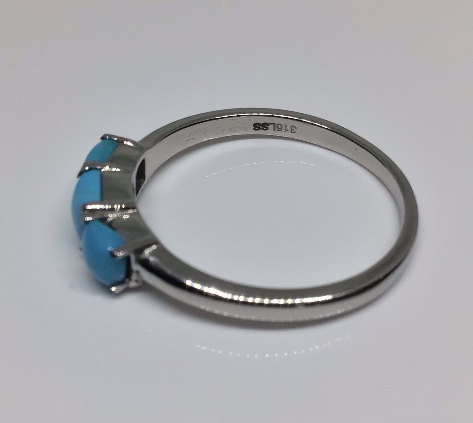 Three-Stone Cushion Sleeping Beauty Turquoise Pure Stainless Steel Ring SZ 10