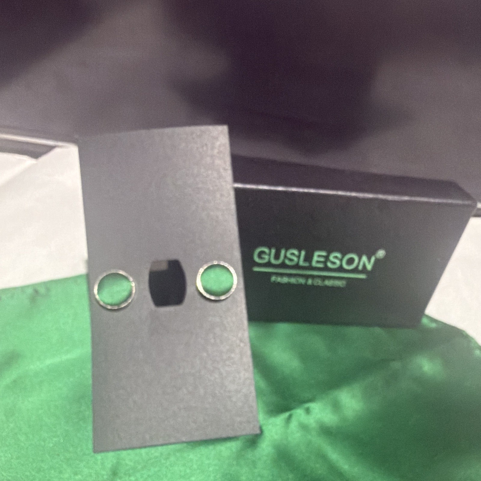 GUSLESON Green Round Bullet Back Cufflinks Silver Plated Set w/ Box